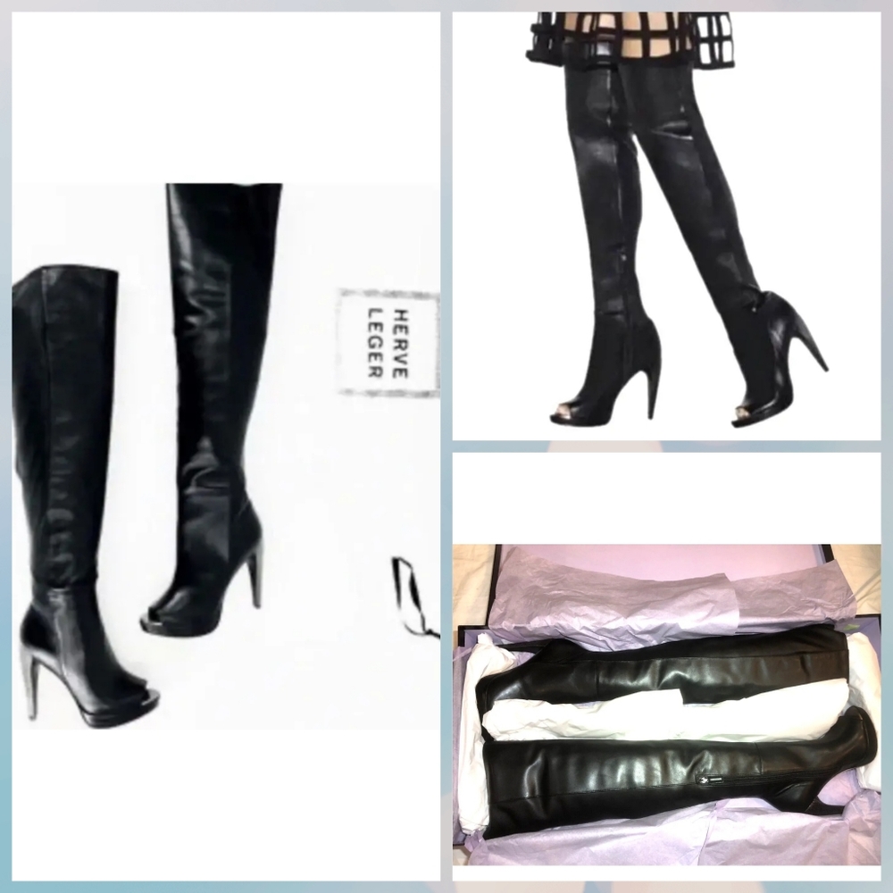 NEW WITH BOX MAX AZRIA HARVE LEGER HL-NORA PEEP TOE LEATHER PLATFORM BOOTS